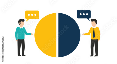 Two businessmen discuss a divided pie chart, symbolizing shared responsibilities or a collaborative project.