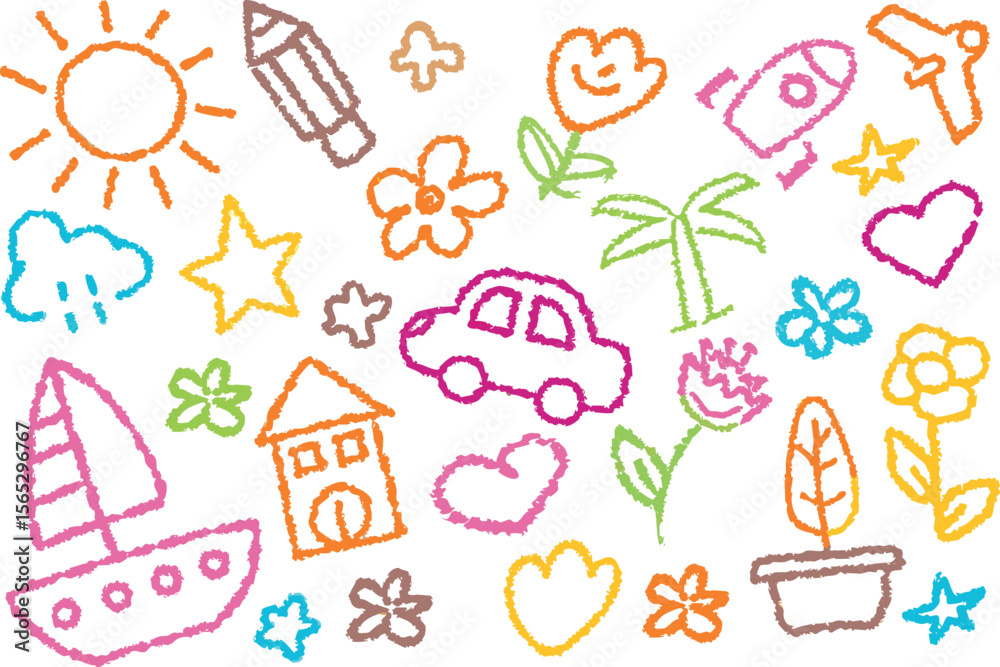 Fototapeta premium Collection of colorful crayon drawings of children s favorite objects and nature elements