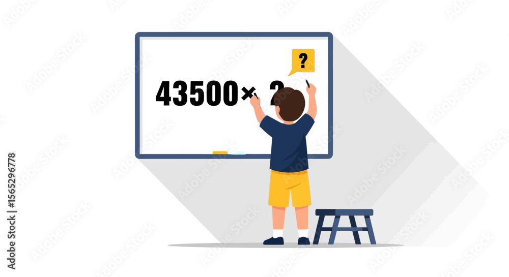 Young boy solving a multiplication problem on a whiteboard.