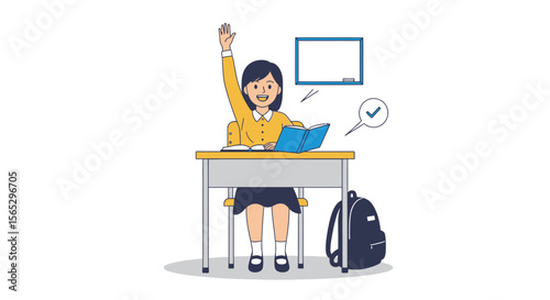 A cartoon girl in school uniform raises her hand, sitting at a desk with a book, in a classroom setting.