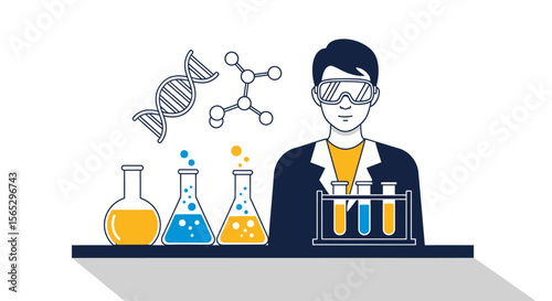 A scientist in a lab coat conducts experiments with beakers and test tubes, surrounded by scientific elements like DNA and molecules.