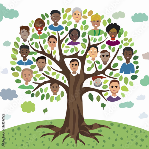 Illustration of a family tree depicting diverse faces within a leafy canopy.