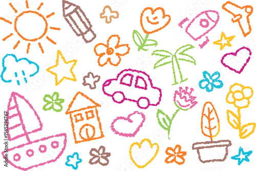 Collection of colorful crayon drawings of children s favorite objects and nature elements