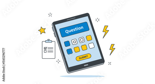 A digital tablet displaying a question form, surrounded by graphic elements.