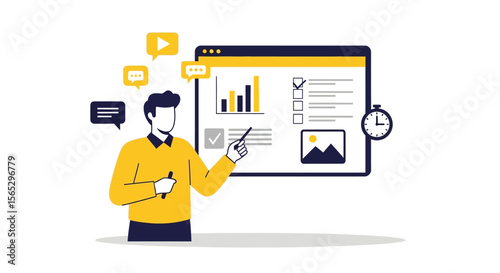Man presenting data and project progress on a digital whiteboard during an online meeting.