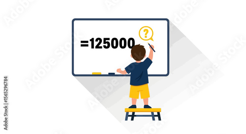 Young child solving a large math problem on a whiteboard.