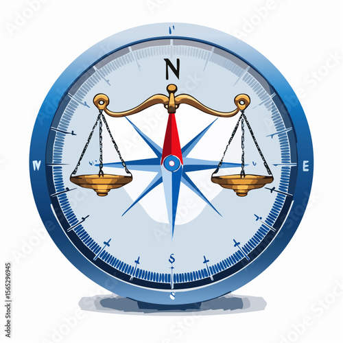 Compass illustration with scales of justice balanced on the needle, showing direction and symbolizing fairness.