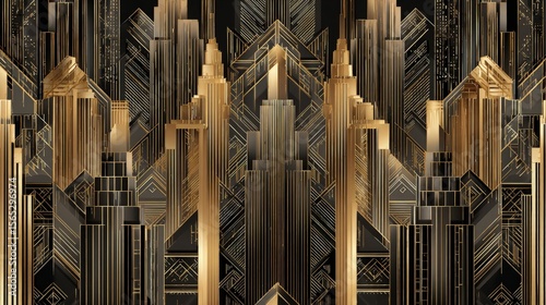 Art Deco Architecture Background Glamorous 1920s skyscrapers with gold accents geometric patterns vintage luxury vibe