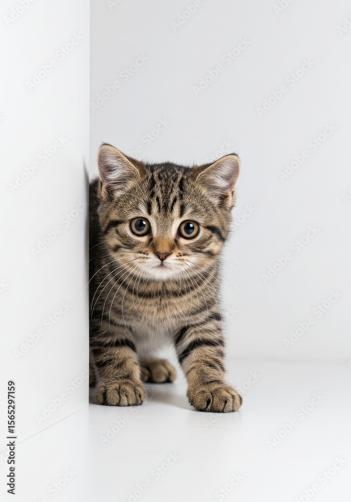 Obraz premium Adorable Tabby Kitten Peeking from Corner A Sweet and Playful Portrait of a Young Cat