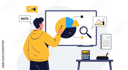 A person analyzing data, interacting with a pie chart on a whiteboard.