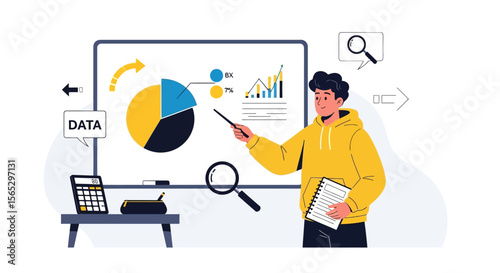 Man presenting data on a whiteboard with charts, using a pointer, with a calculator and magnifying glass nearby.