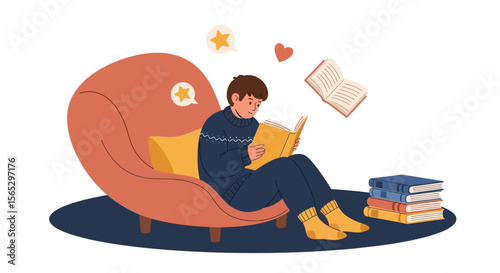 A person sits reading a book in a comfortable chair with books stacked nearby.