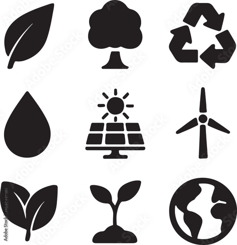 Sustainable Icons Renewable Energy, Ecology, and Recycling Symbols