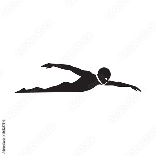 Dynamic swimmer in silhouette performing a freestyle stroke isolated on white background silhouette