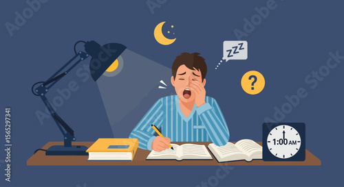 Sleepy student working late at night, surrounded by books and a desk lamp.