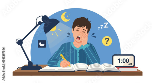 Sleepy boy studying late at night, illuminated by a desk lamp, with a clock showing a late hour.