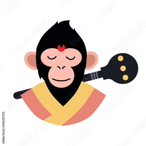 Hanuman character illustration with mace and a joyful expression