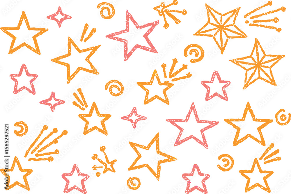 Obraz premium Hand drawn star pattern with shooting stars in pink and orange colors