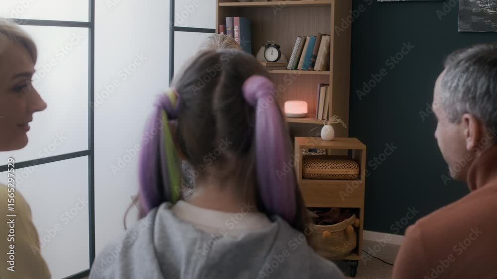 Over-the-shoulder shot of mature female counselor sitting in modern office in front of middle-aged Caucasian couple with teenage daughter asking questions during family therapy session