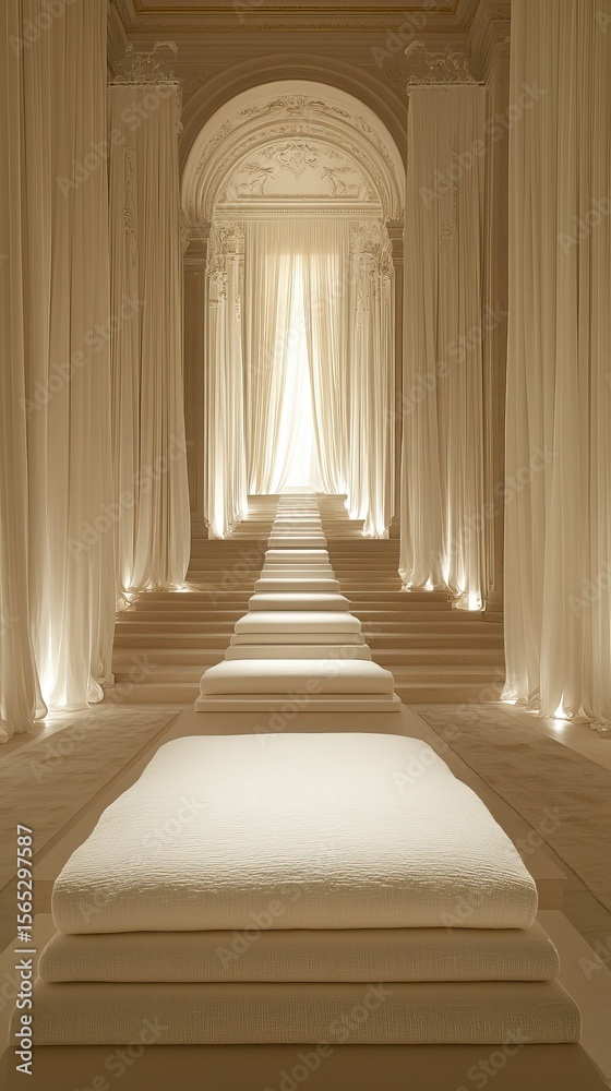 Fototapeta premium Ornate hallway with white carpet, curtains and steps leading to a bright light