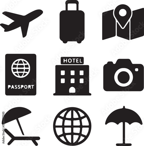 Travel Icons Airplane, Luggage, Map, Passport, Hotel, Camera, Beach Umbrella, Globe