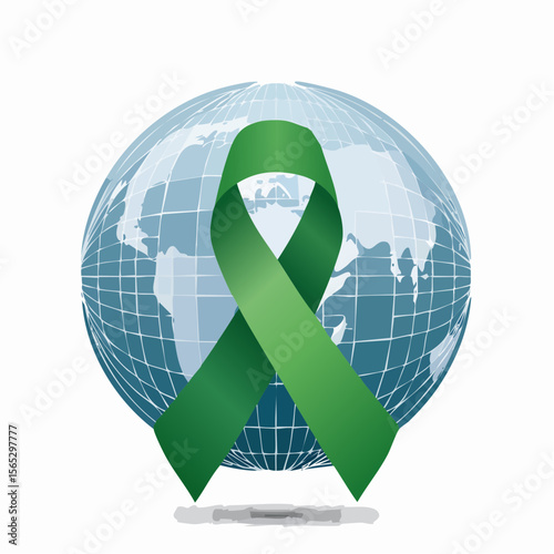 A green ribbon is displayed over a globe, symbolizing global awareness.