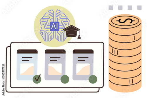 AI brain with graduation cap above product options, checkmark indicating choice, and stacked coins. Ideal for AI education, e-commerce, investment, technology, decision-making, automation simple