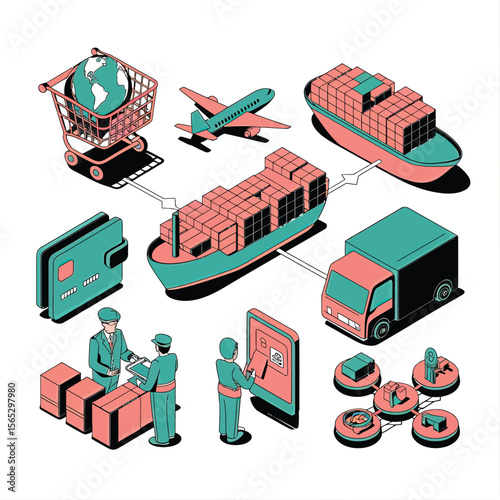 2d vector illustration colorful Land and sea transport techniques, methods and technological tools for transporting and shipping goods and products and logistic 
