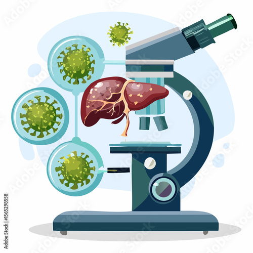 Microscope analyzing a liver affected by viruses, shown in circular magnification bubbles.