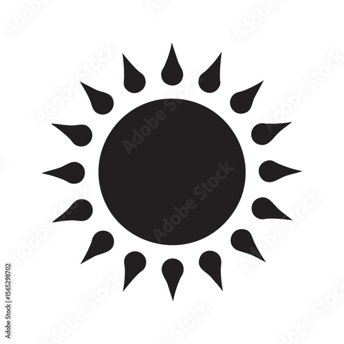 Stylized black sun silhouette with radiating teardrop shapes isolated on white background silhouette