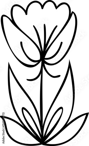 Cute line art cartoon flower illustration with black thin line