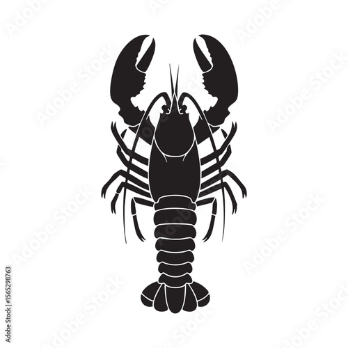 Black silhouette of a lobster with claws and tail isolated on white background silhouette