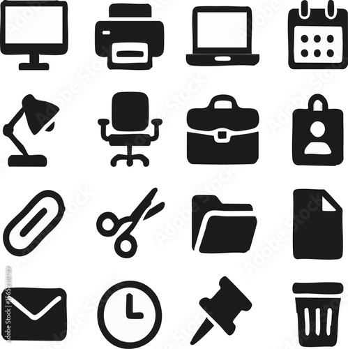 Office Icon Set Vector Illustration Desk Essential Stationery Computer
