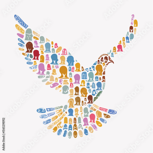 A dove silhouette composed of diverse human head shapes, representing unity and peace.