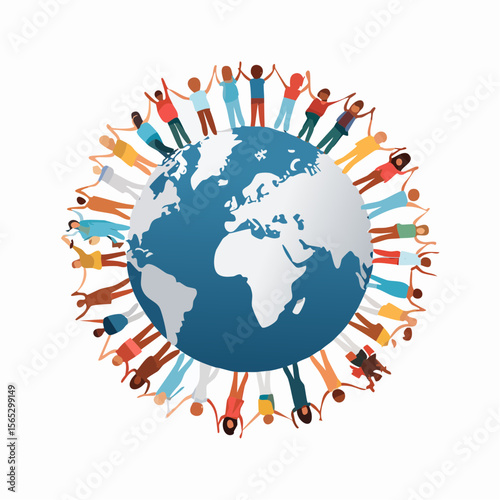 Diverse people holding hands around a globe, representing global unity and connection.