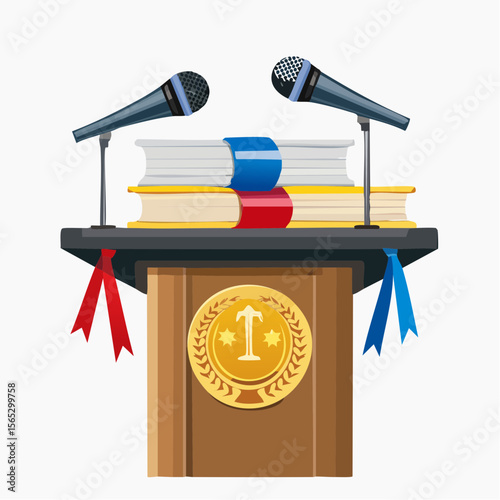 Podium with microphones, books, and awards ready for a formal presentation or speech.
