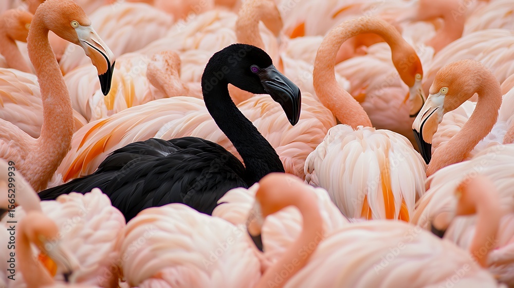 Obraz premium Black flamingo among pink flamingos