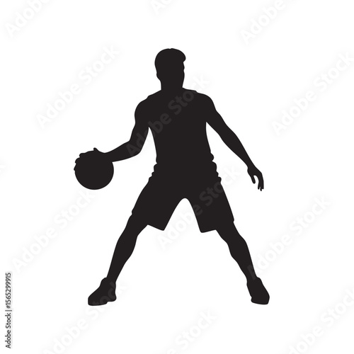 Black silhouette of a basketball player dribbling a ball isolated on white background silhouette