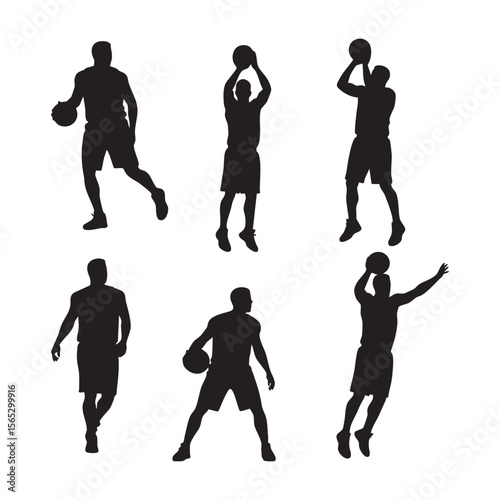 Collection of basketball player poses silhouette isolated on white background