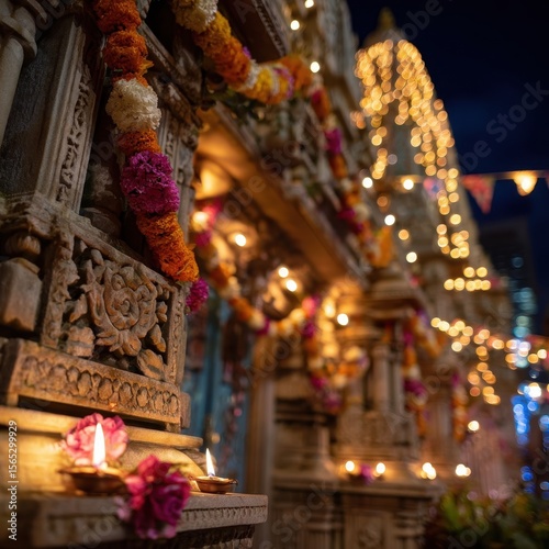 Temple decorated with marigold garlands and lights for traditional Indian festival Diwali, Holi, Traditional Indian temple for the festival