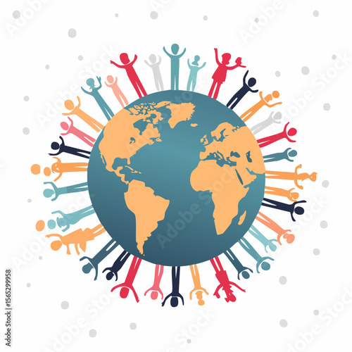 Diverse people encircling the globe, arms raised in celebration and unity, representing global connection.