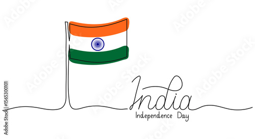India Independence Day one line text banner. Hand drawn Typography with tri color Indian Flag. Greeting card, cover, canner. Vector template. Handwritten words with editable stroke. Outline script