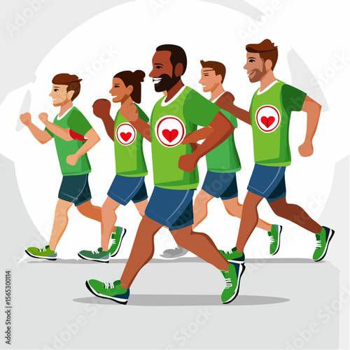 Diverse group of people jogging together in matching green shirts, promoting heart health.