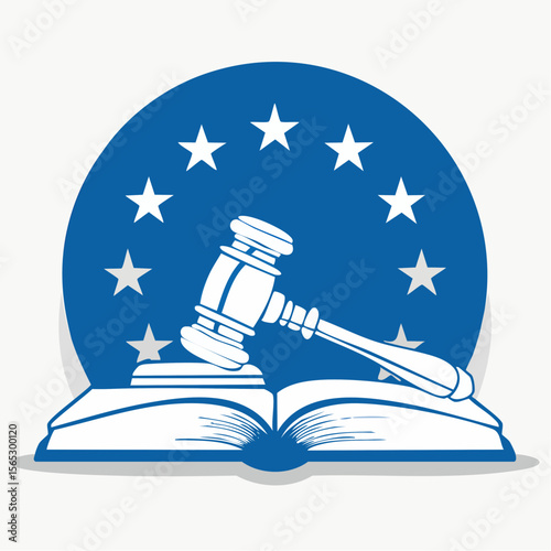 Illustration of a gavel resting on an open book, surrounded by stars in a blue circle.