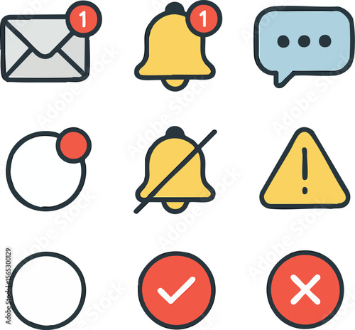 Notification Icons Set Email Bell Message Alert Check Cross Empty State and Sync Status UI Design