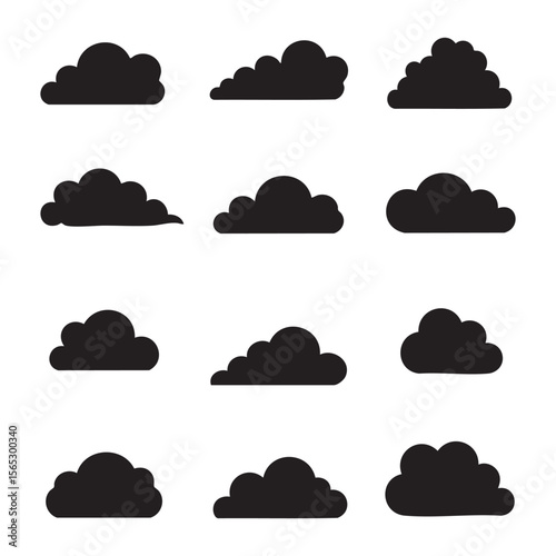 Collection of eleven diverse cloud shapes silhouette isolated on white background