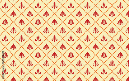Seamless Fleur de Lis Diamond Grid Pattern on Cream Background.