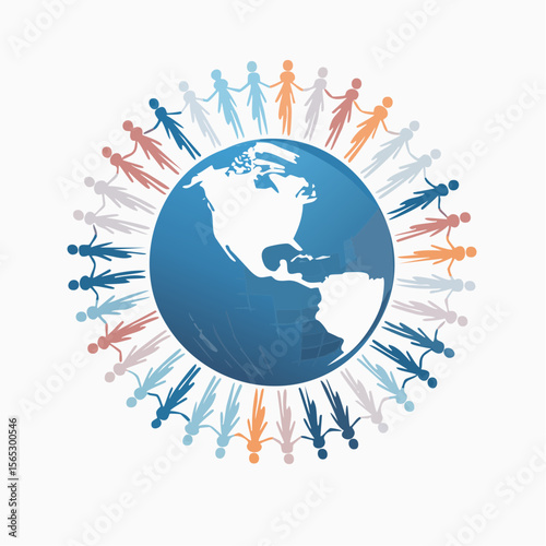 Stylized illustration of people holding hands in a circle around a globe depicting the Americas.