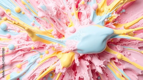 A vibrant explosion of pink, blue, and yellow paint creates a dynamic and energetic abstract background