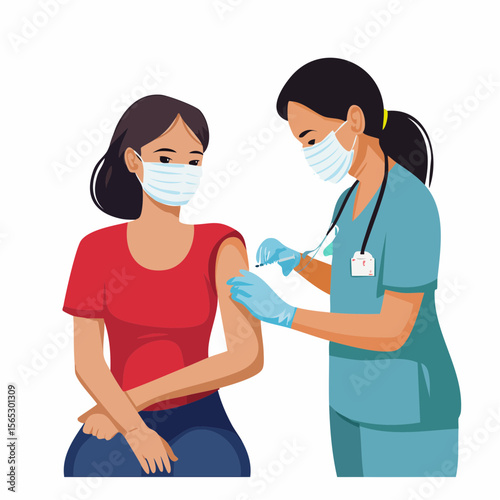 Nurse administering a vaccination to a patient, both wearing protective face masks.